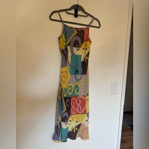 VTG Donna Gray Slip Dress 100% Silk Retro Abstract Multicolor Midi Size 2 EUC